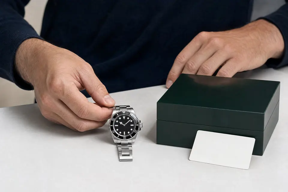A steel watch placed beside its presentation box and warranty card