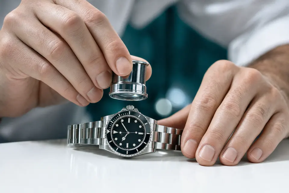 A watch specialist’s hands holding a jeweller’s loupe over a steel diver’s watch