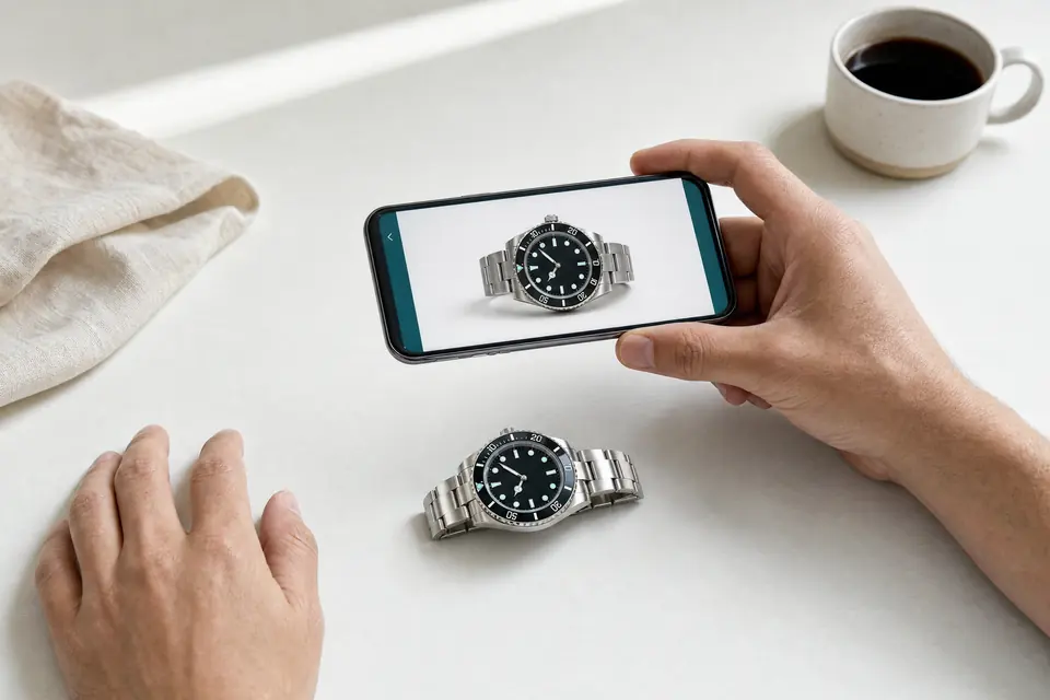 Someone photographing a watch on a desk with a smartphone